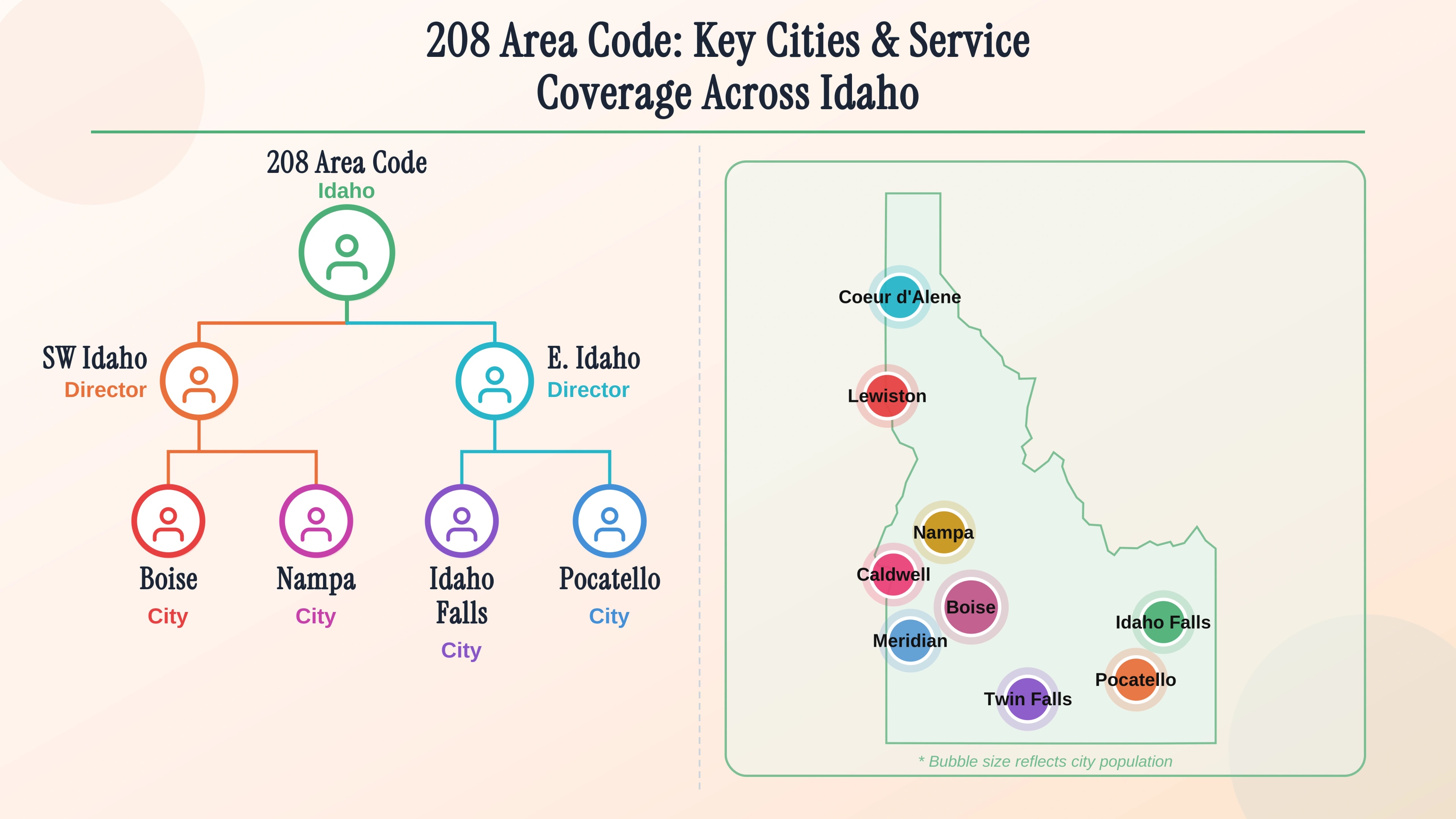 208 area code key cities and coverage — Boise, Nampa, Meridian, Idaho Falls, Pocatello, Coeur d'Alene, and Twin Falls across Idaho.