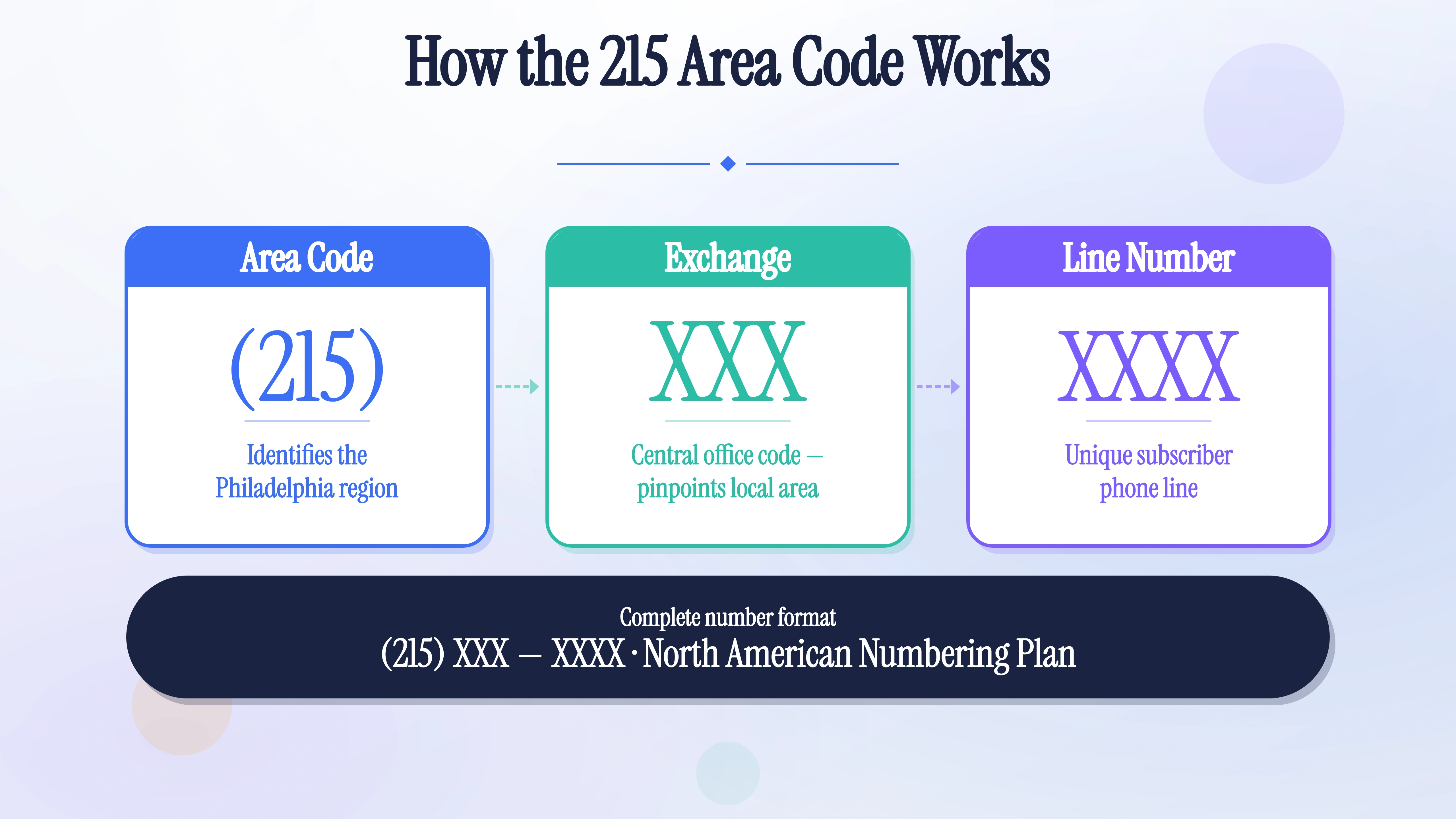 Diagram breaking down the structure of a 215 area code phone number.