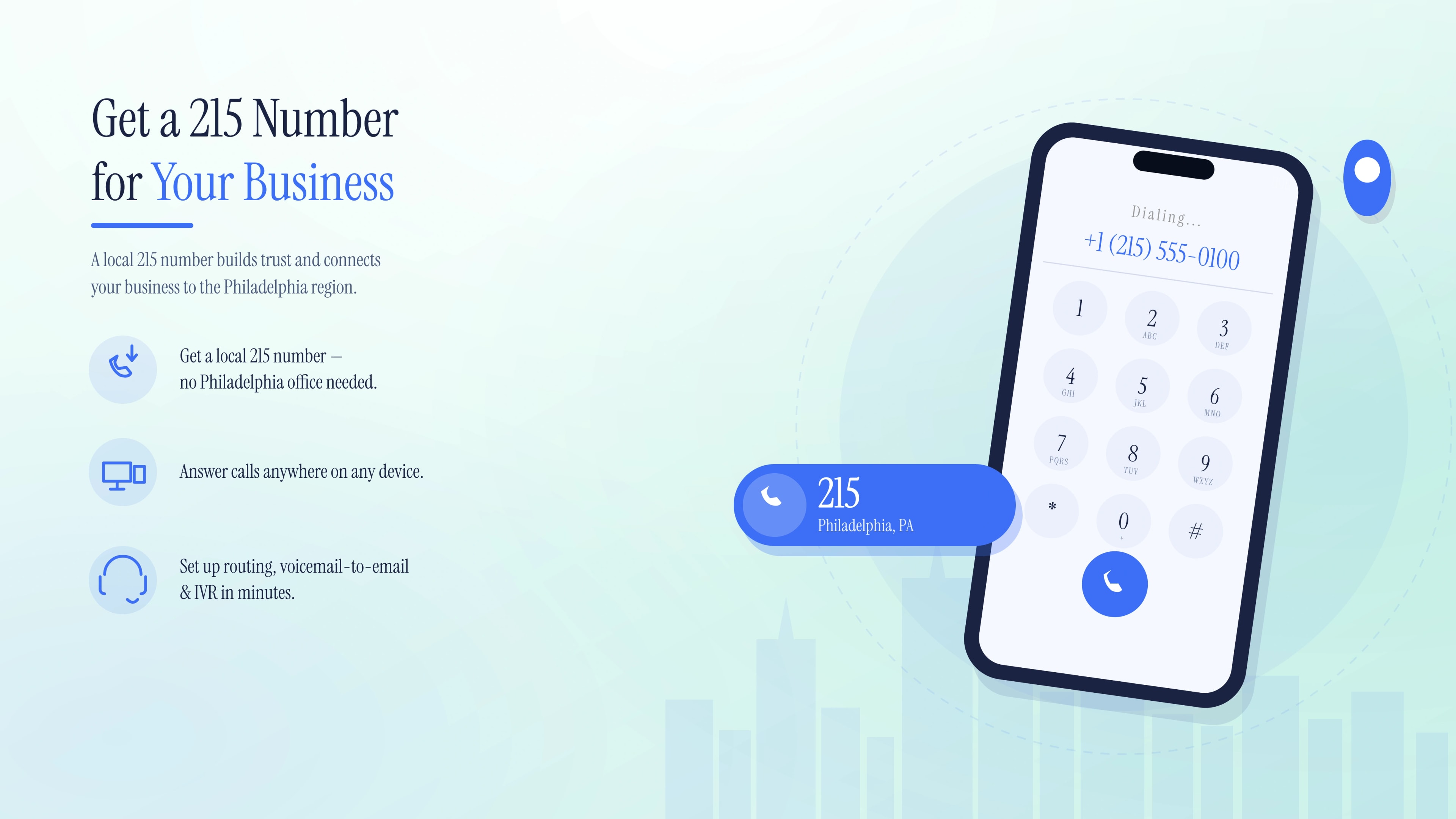 Overview of VoIP technology features available with a 215 area code number.