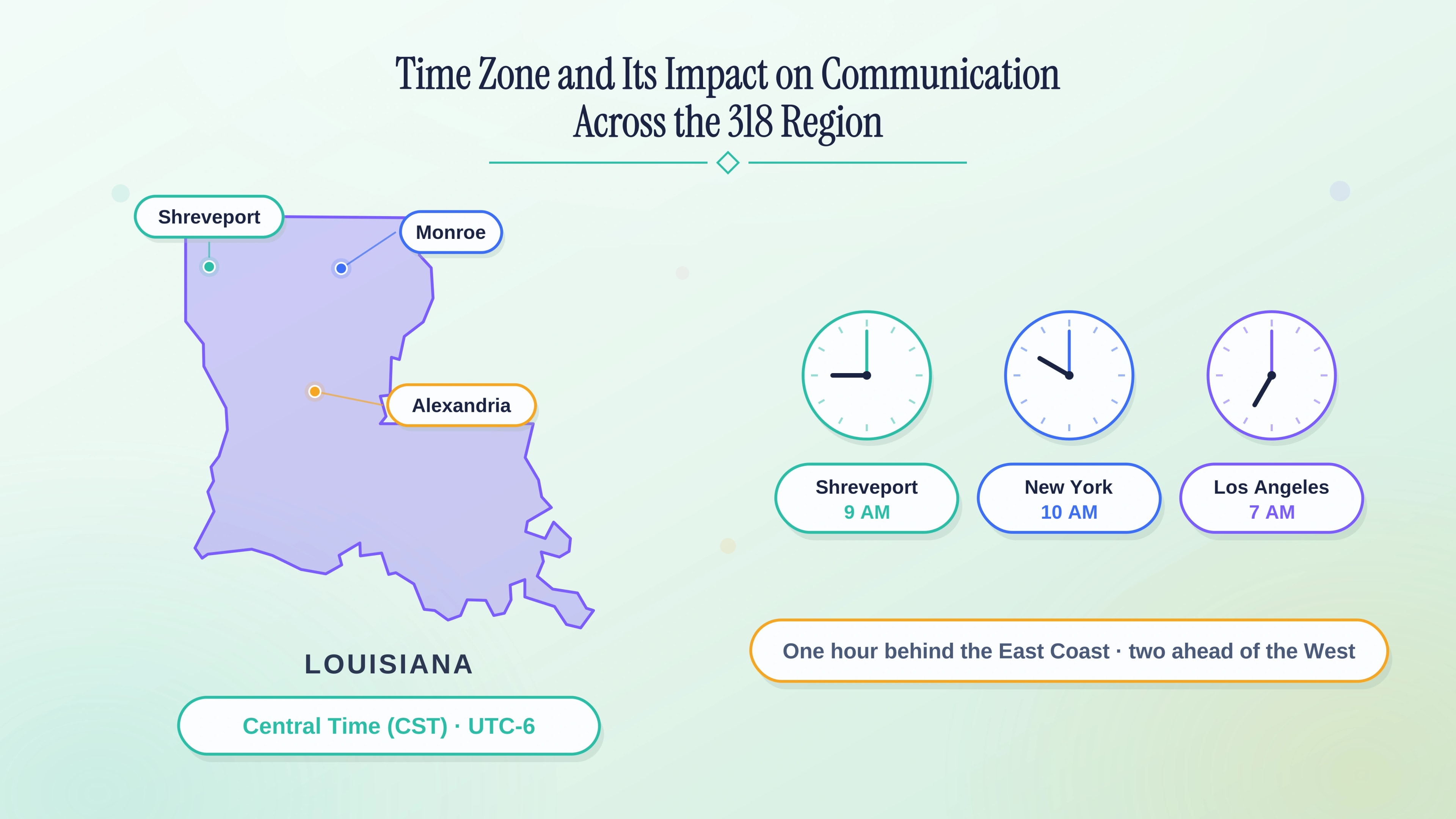 The 318 region observes Central Time, one hour behind New York and two hours ahead of Los Angeles.
