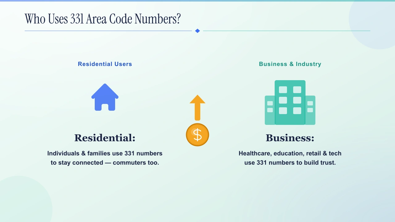 Who uses 331 numbers: residential users and families, plus businesses across healthcare, education, retail, and tech.