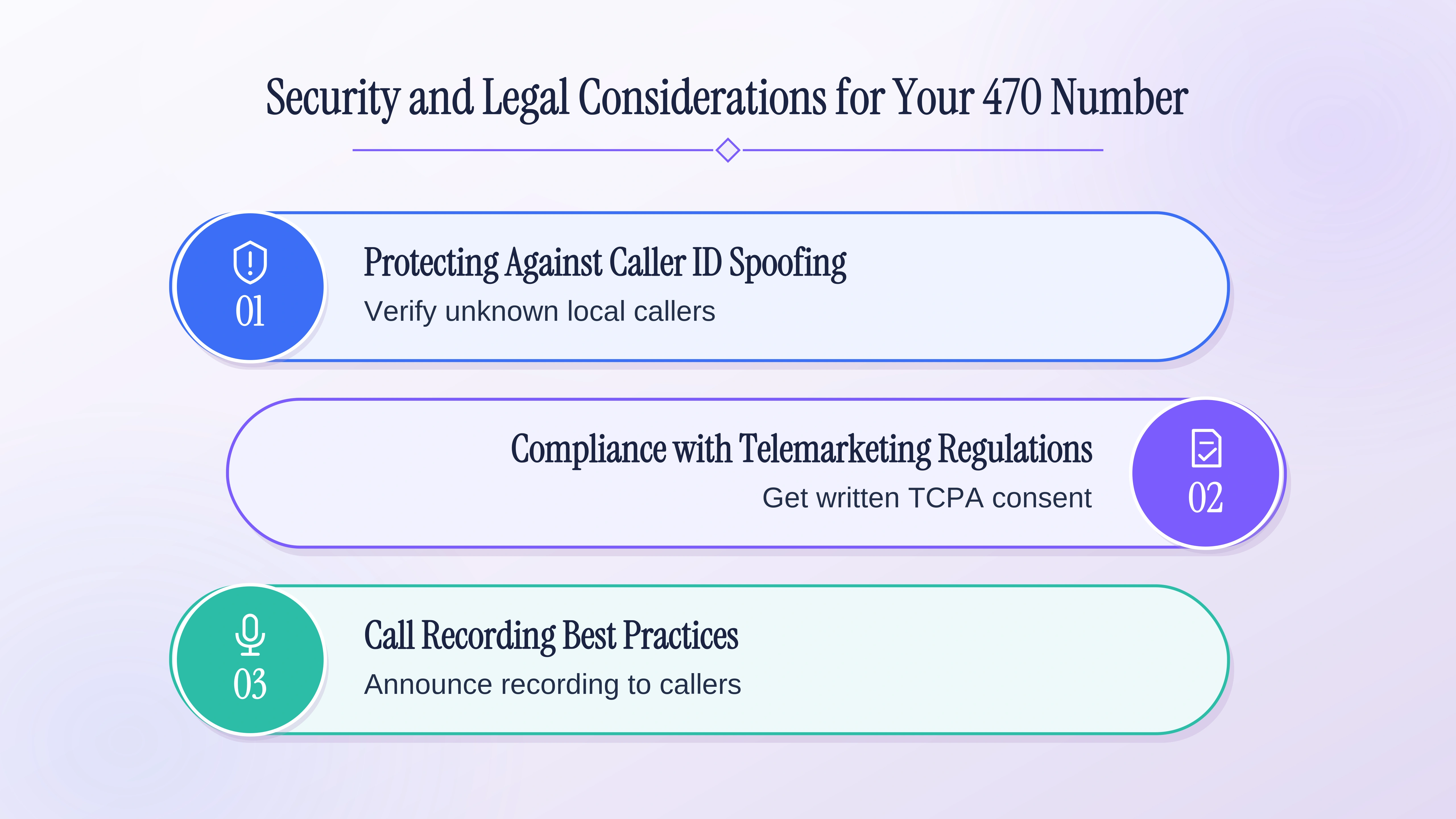 Security and legal considerations for your 470 number — spoofing defense, TCPA compliance, and call recording.
