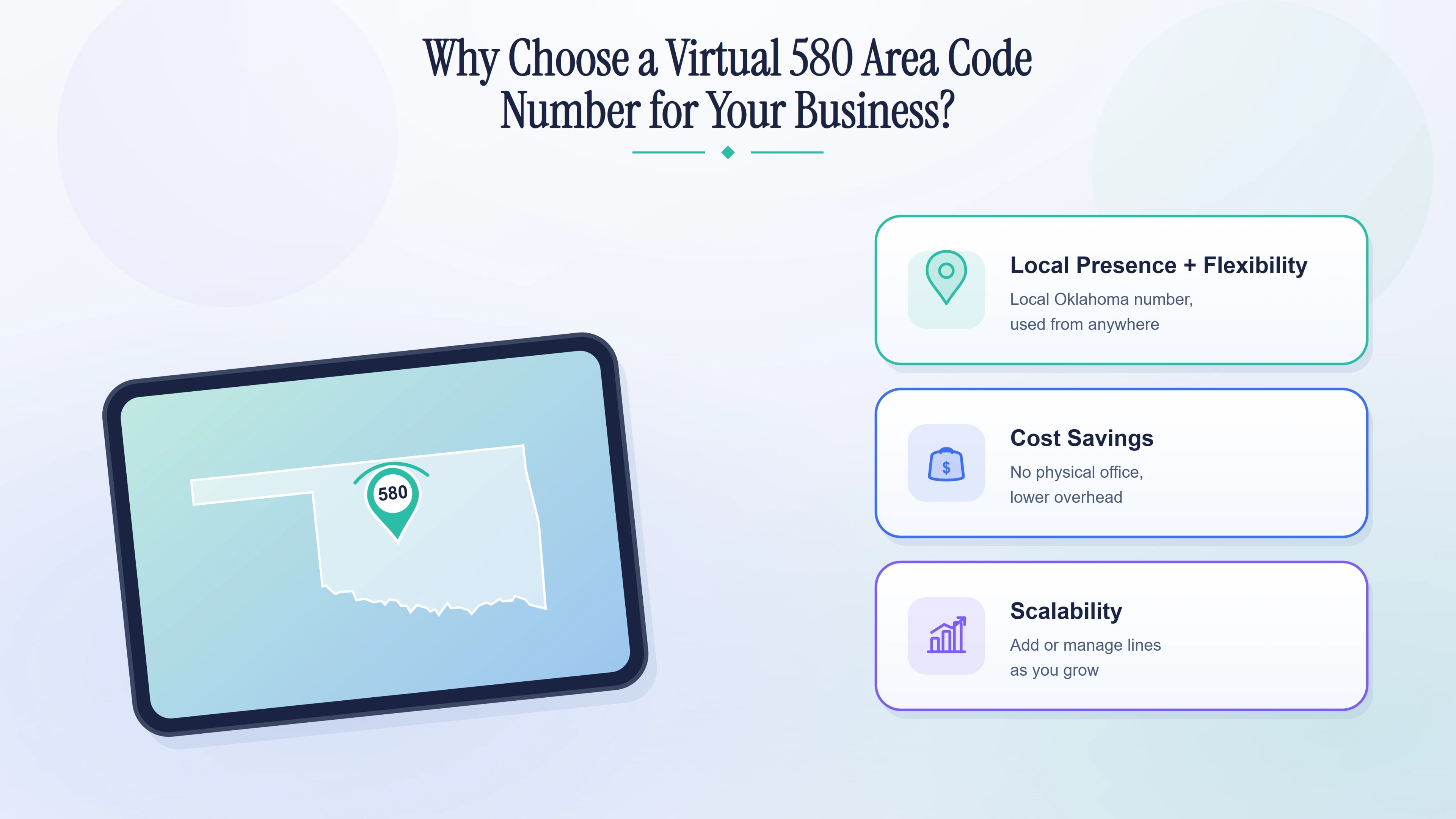 Why choose a virtual 580 number — local presence, cost savings, and scalability shown on a tablet.