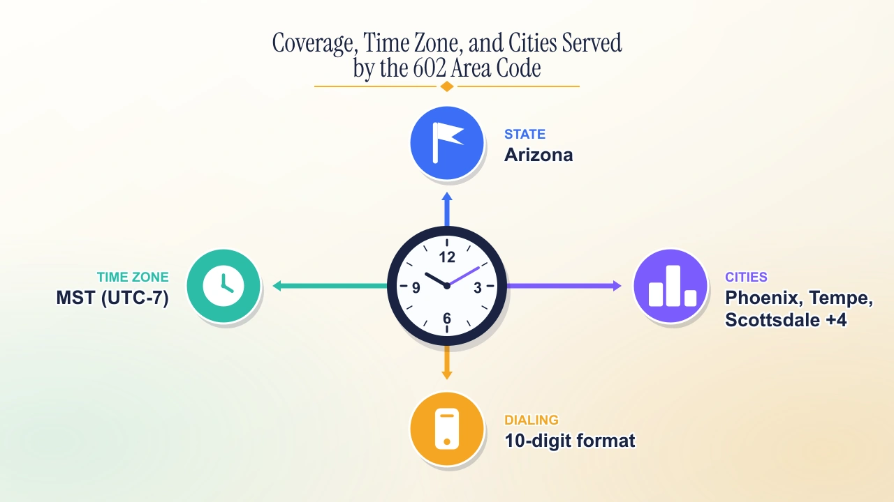 Coverage, time zone, and cities served by the 602 area code