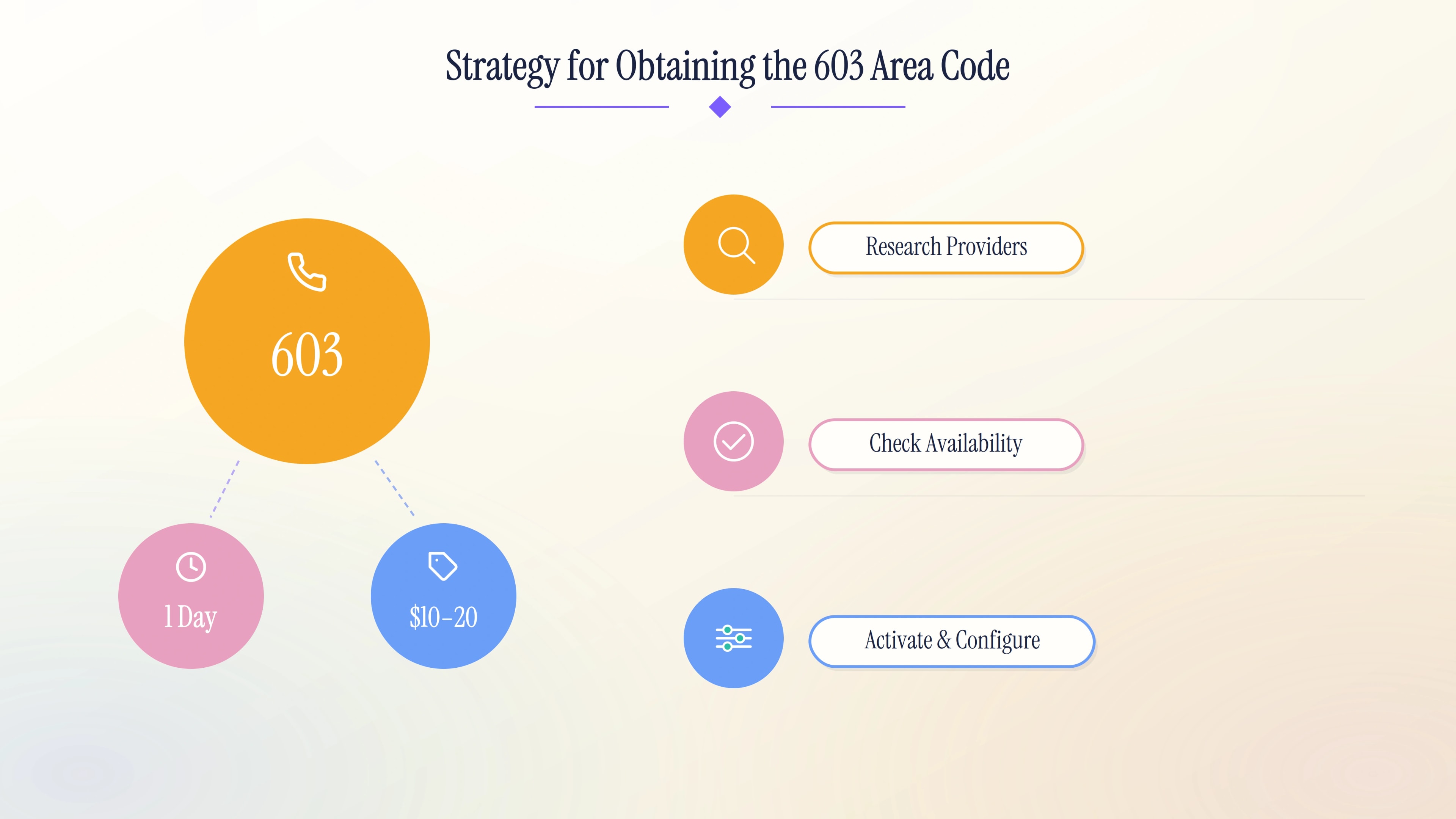 Strategy for obtaining a 603 area code number in four steps.
