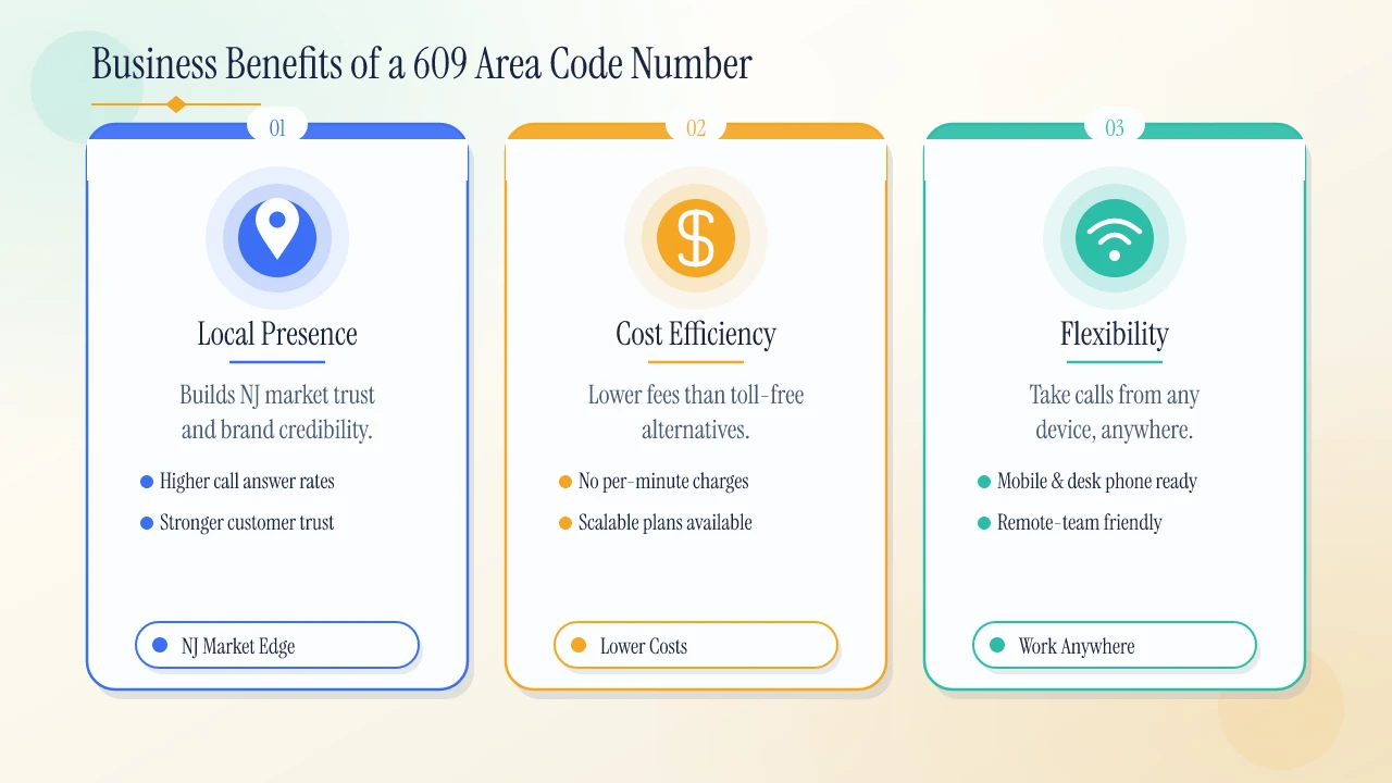 Business benefits of a 609 number: local presence, cost efficiency, and flexibility.