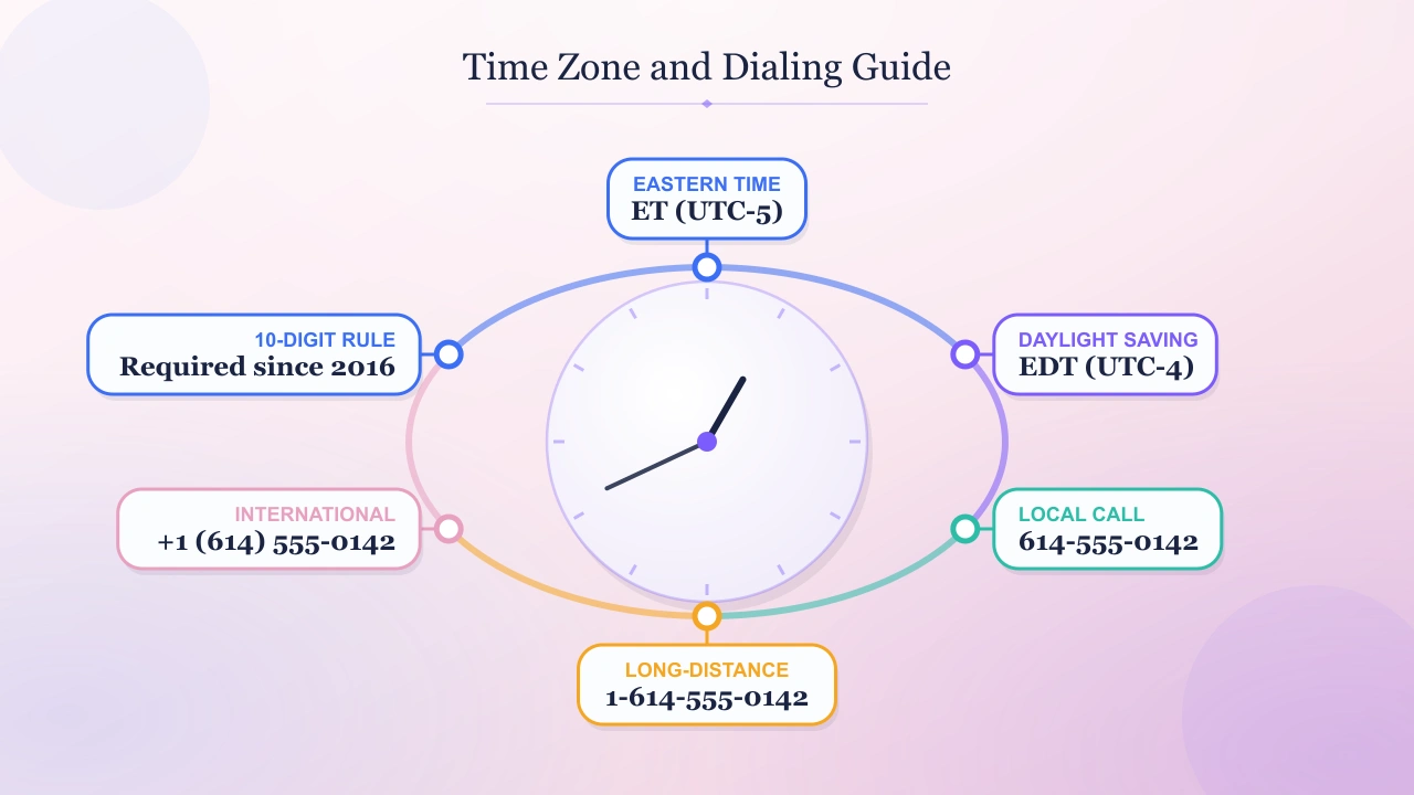 Time zone and dialing guide for the 614 area code