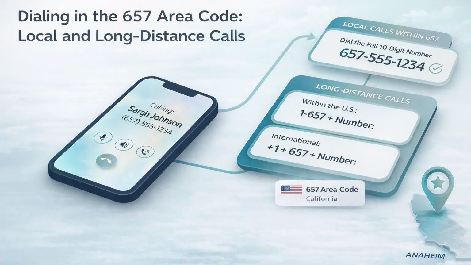 Side-by-side example of local ten-digit dialing and long-distance dialing from a 657 number.