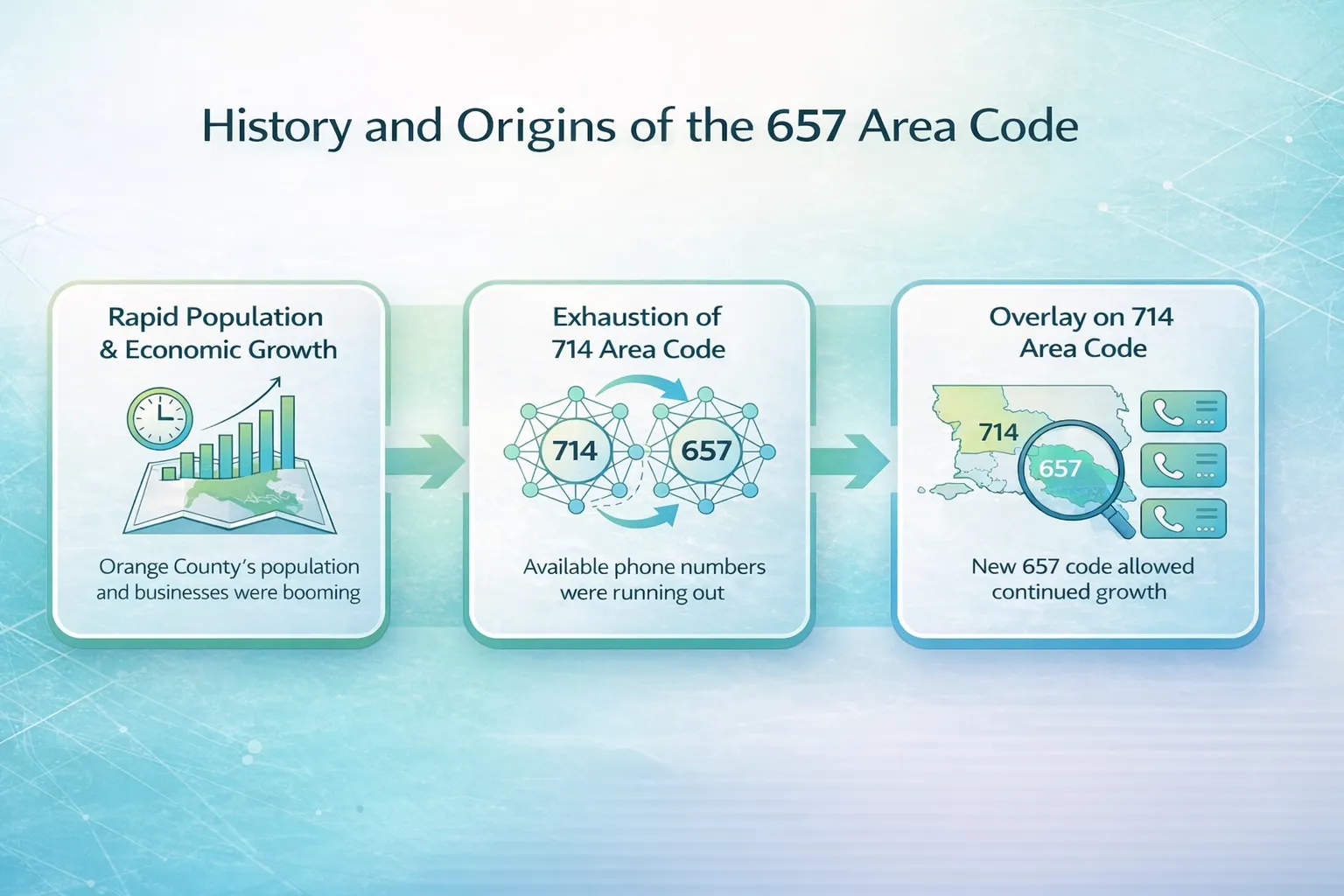 Timeline showing the 657 overlay being added on top of the existing 714 Orange County territory in 2008.