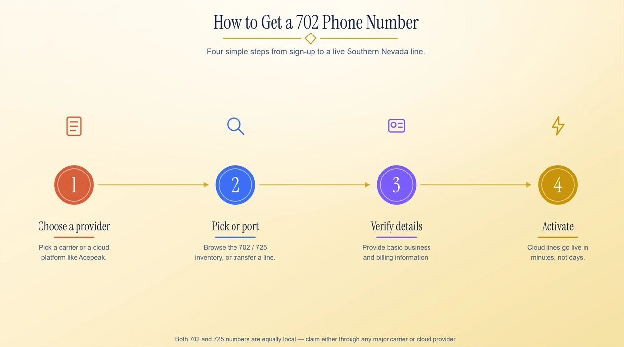 Four-step horizontal flow for choosing and activating a local 702 Las Vegas phone number.