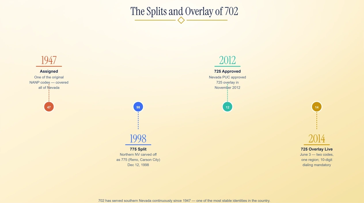 Timeline of the 702 area code from its 1947 origin through the 1998 775 split and the 2014 725 overlay.