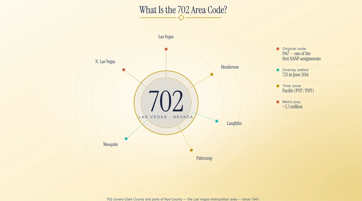 Radial diagram of the 702 area code with Las Vegas at the centre and the cities it serves.