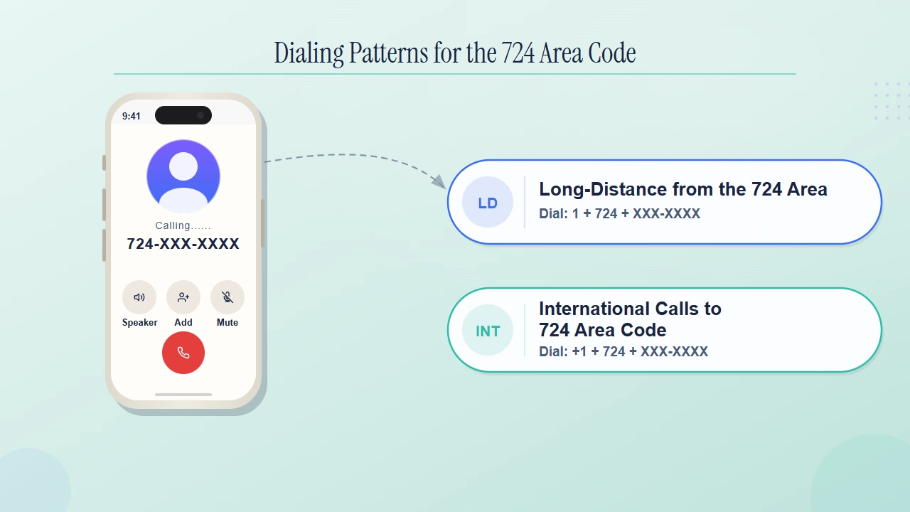 Local, long-distance, and international dialing formats for the 724 area code.