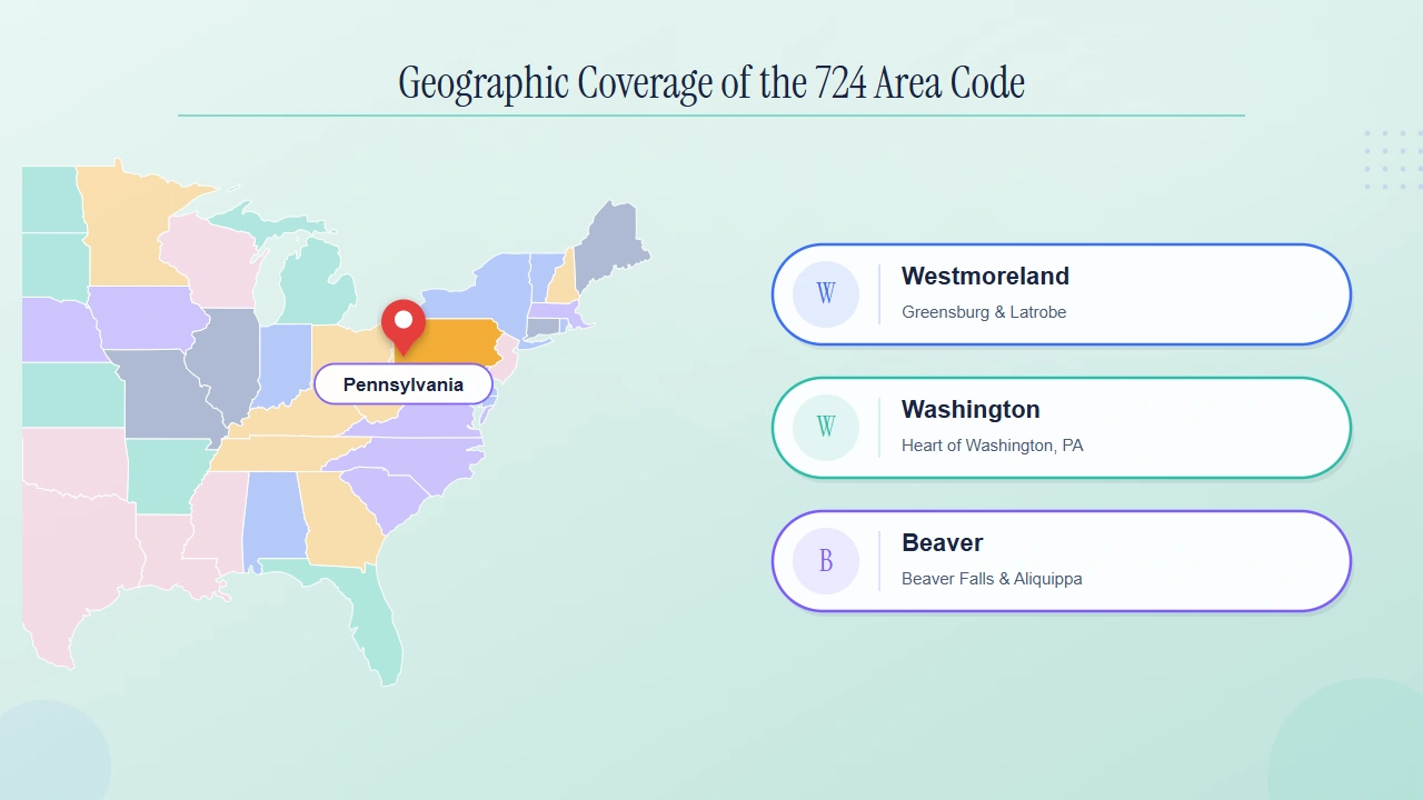Map-style overview of the 14 western Pennsylvania counties covered by the 724 area code.