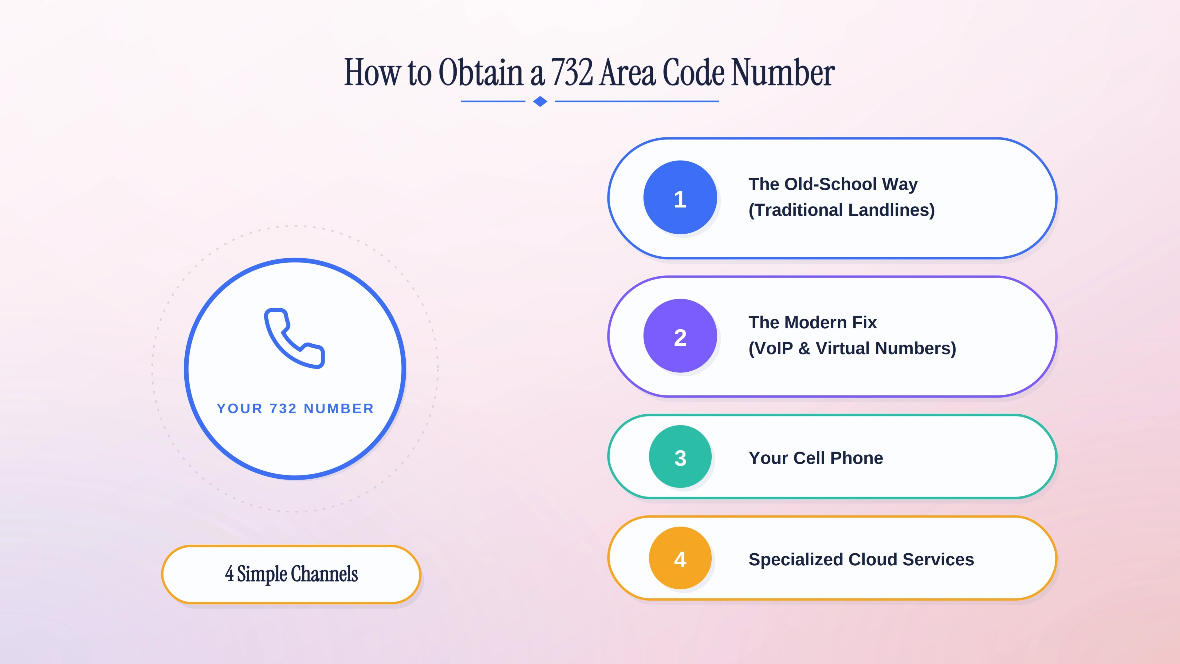 Four channels to obtain a 732 area code number: traditional landlines, cloud and virtual numbers, cell phones, and cloud services.