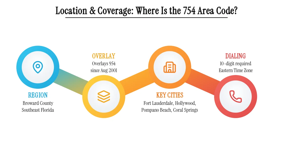 754 area code geographic coverage 2026 — Broward County Florida, including Fort Lauderdale, Hollywood, Pompano Beach, Coral Springs, and Miramar.