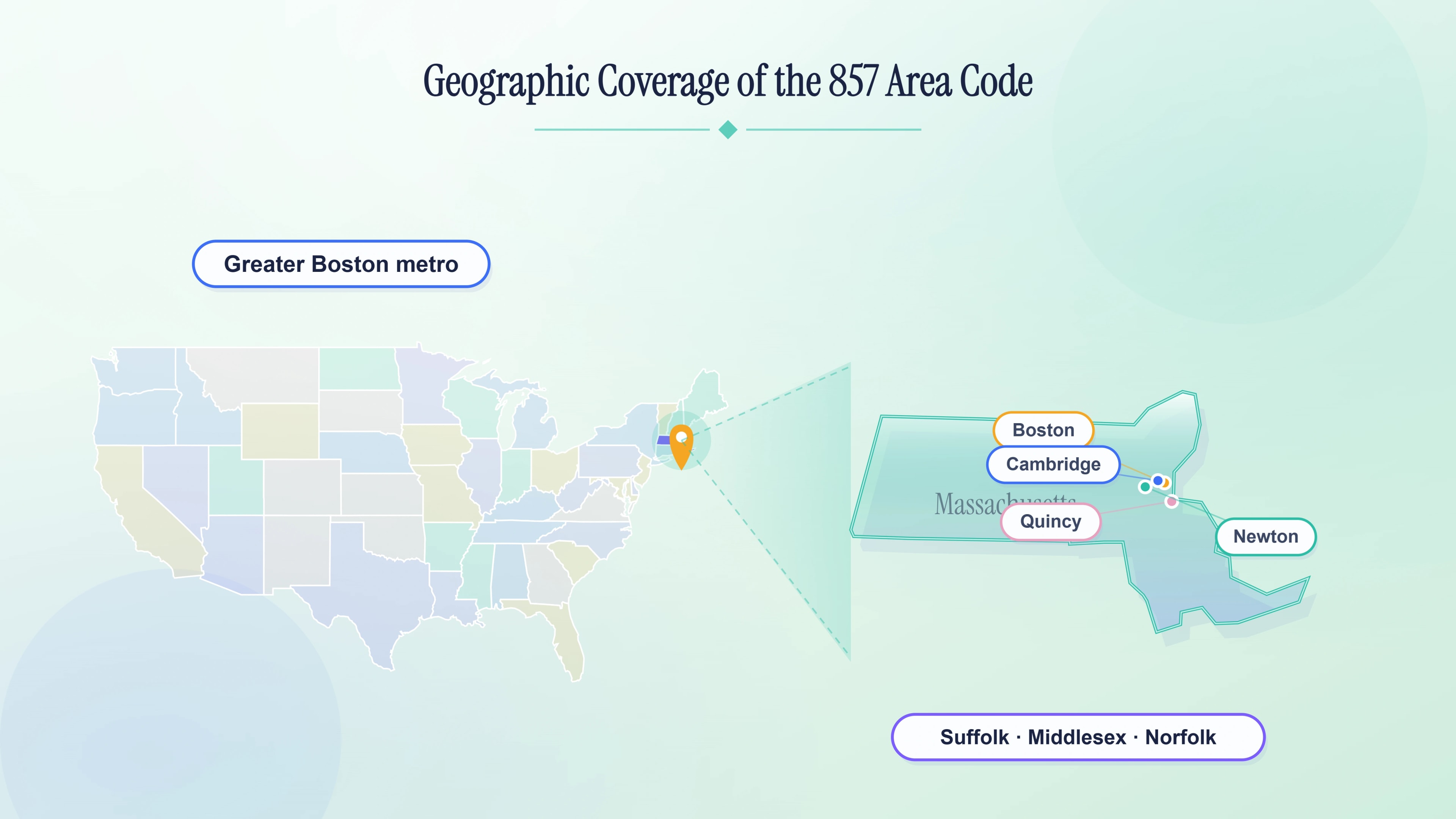 Geographic coverage of the 857 area code — greater Boston including Cambridge, Somerville, Quincy, Brookline and Newton.