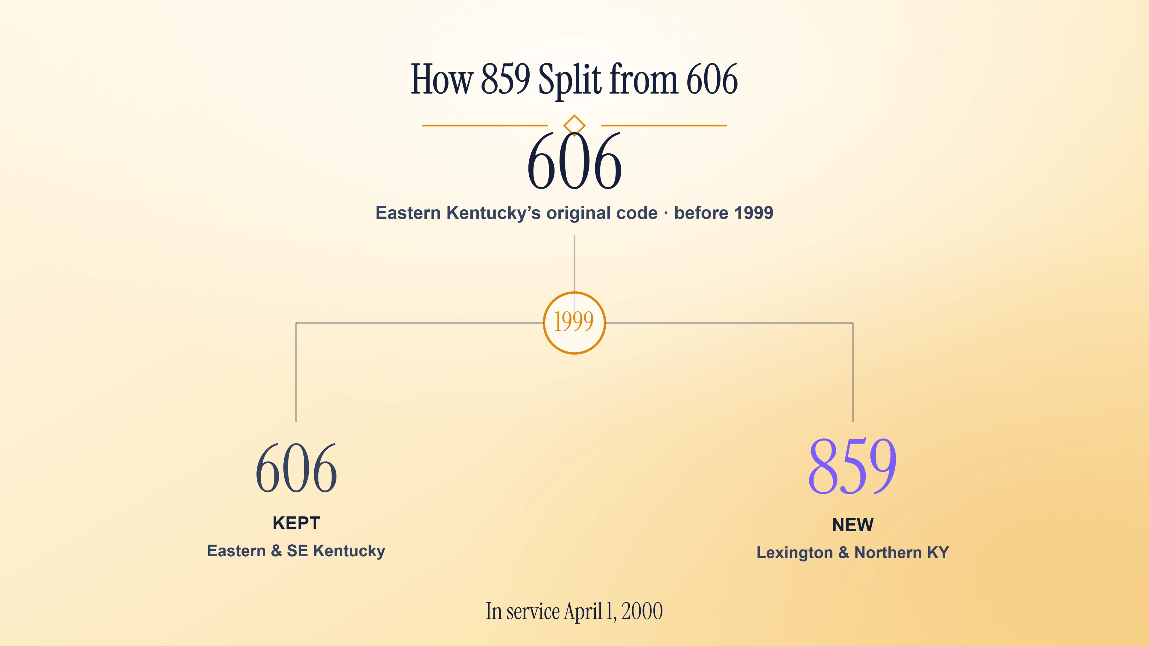 Genealogy of the 1999 split — parent 606 into 606 kept for eastern Kentucky and new 859 for Lexington.