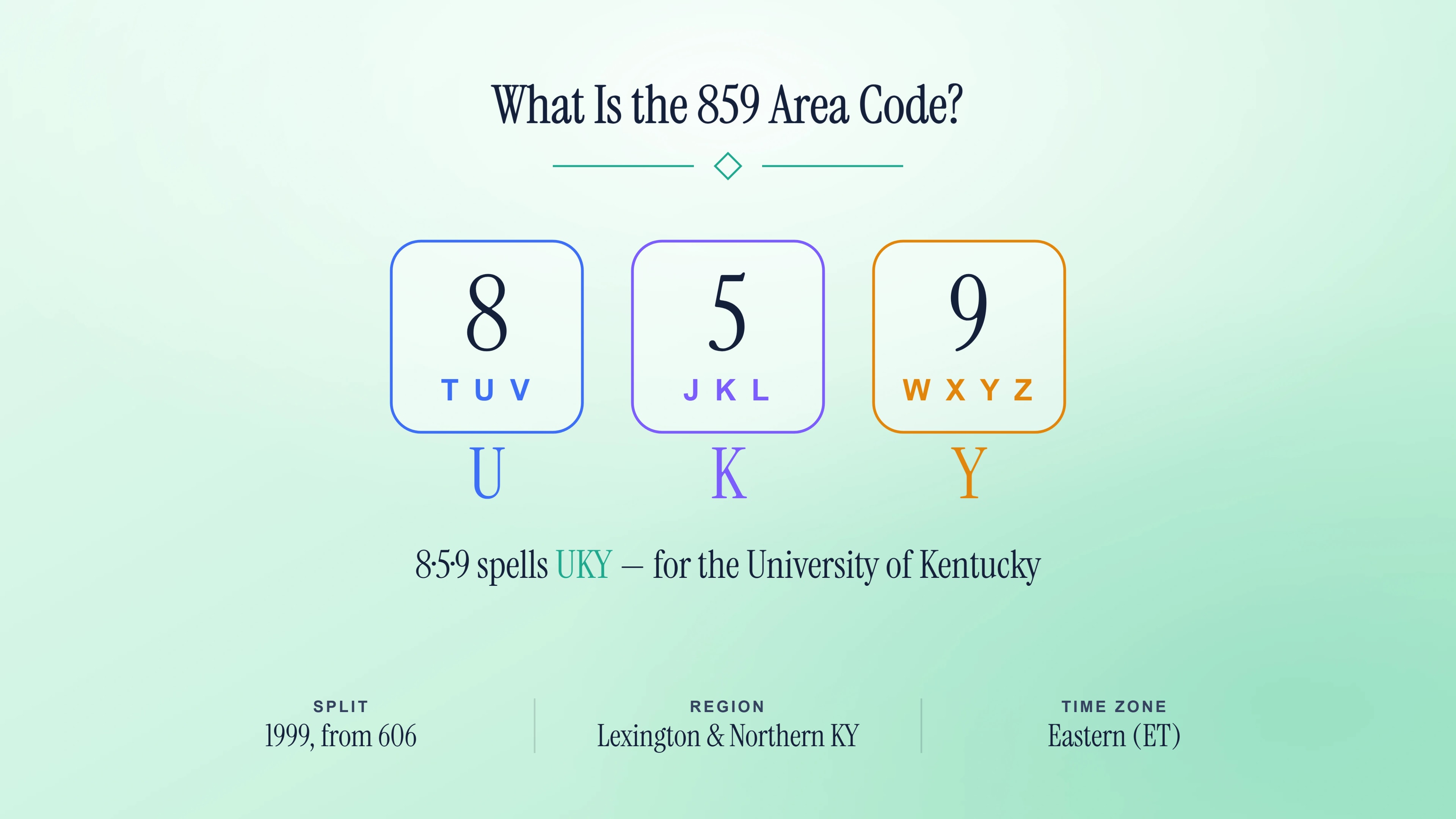 Identity panel for the 859 area code — the keypad UKY nod and central Kentucky facts.