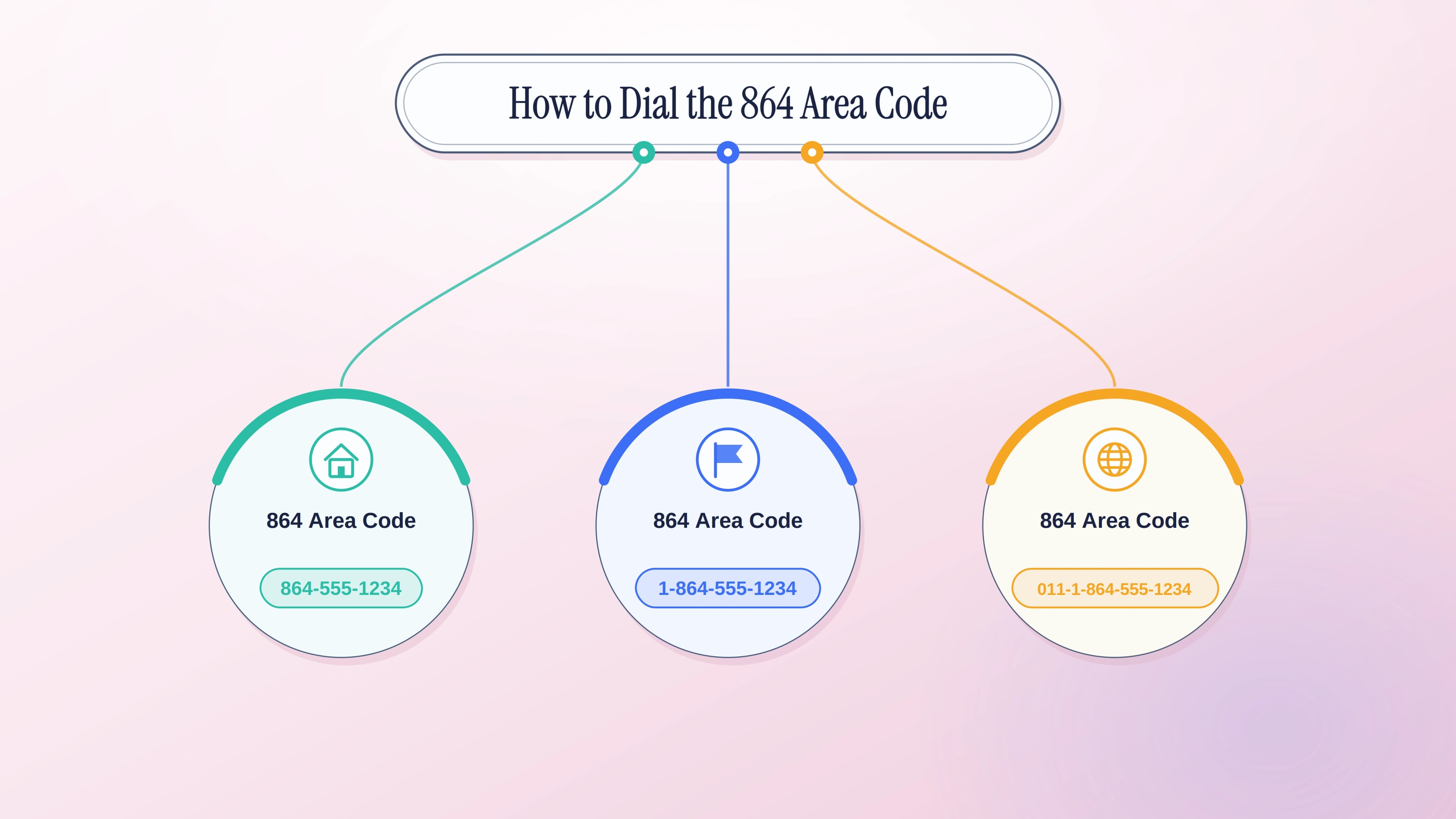 How to dial the 864 area code — three circles showing local format 864-555-1234, national format 1-864-555-1234, and international format 011-1-864-555-1234.