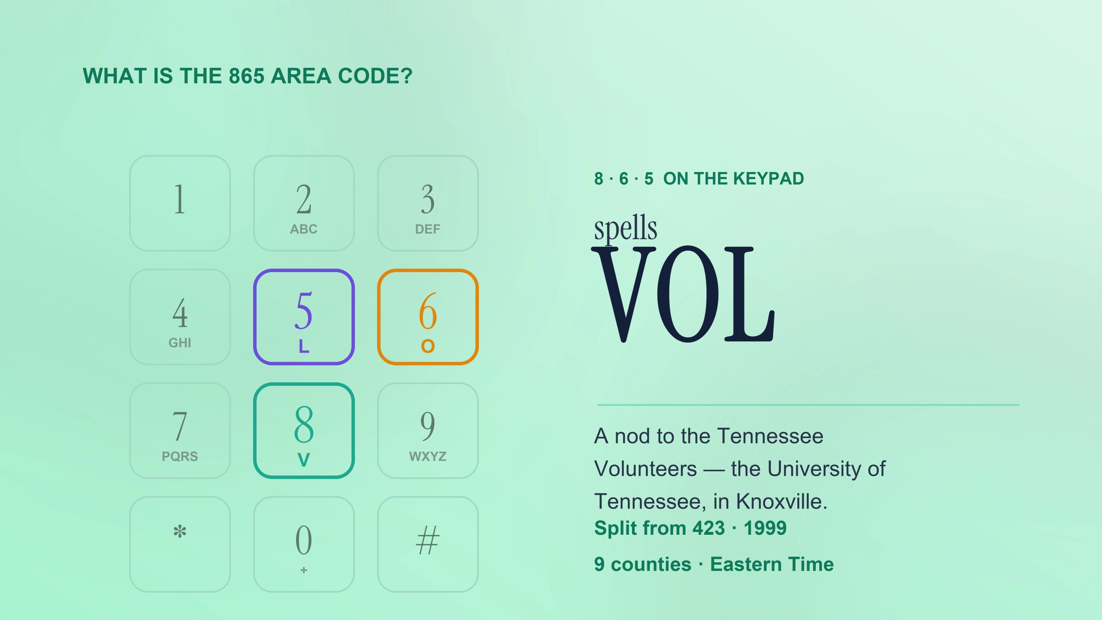 What is the 865 area code — the VOL keypad