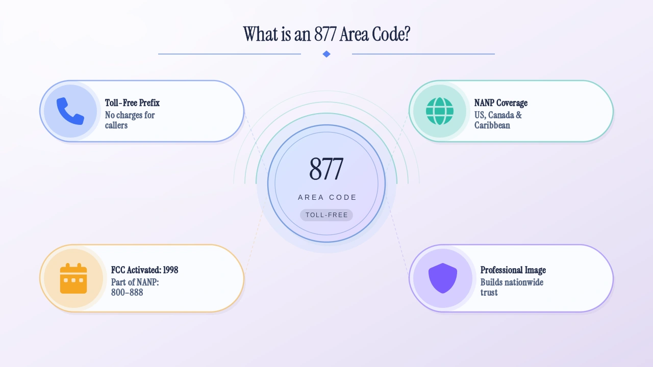 What is an 877 area code — toll-free prefix covering the US, Canada, and Caribbean under NANP, activated by the FCC in 1998.