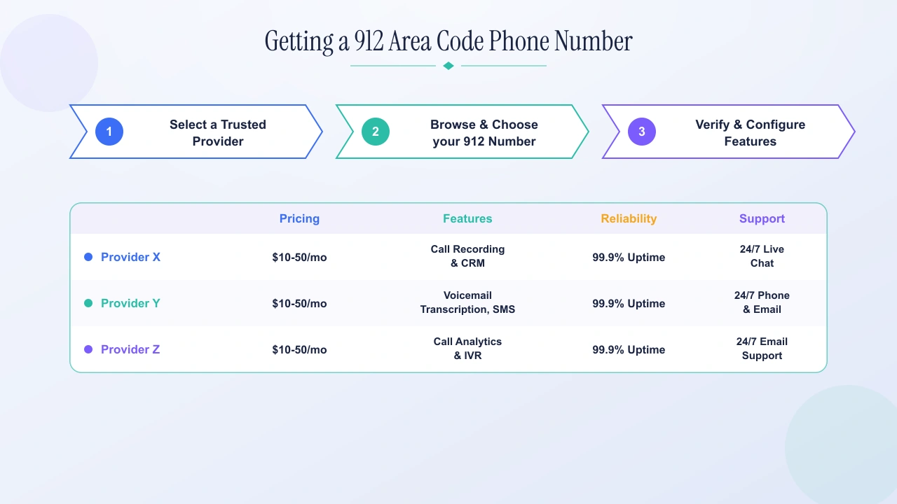 Three steps to get a 912 area code phone number and a comparison of provider options.
