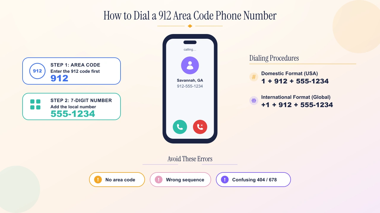 Domestic and international dialing formats for a 912 area code phone number.