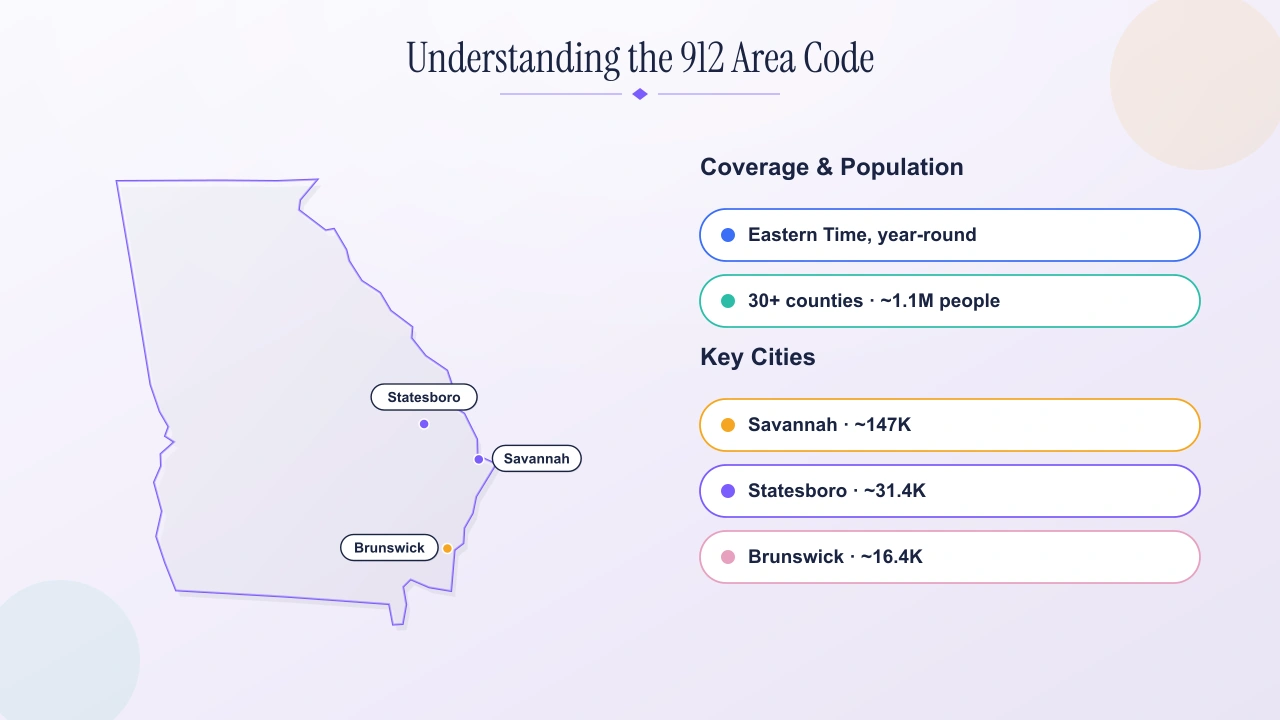 Overview of the 912 area code covering southeastern Georgia, its key cities, coverage, and population.
