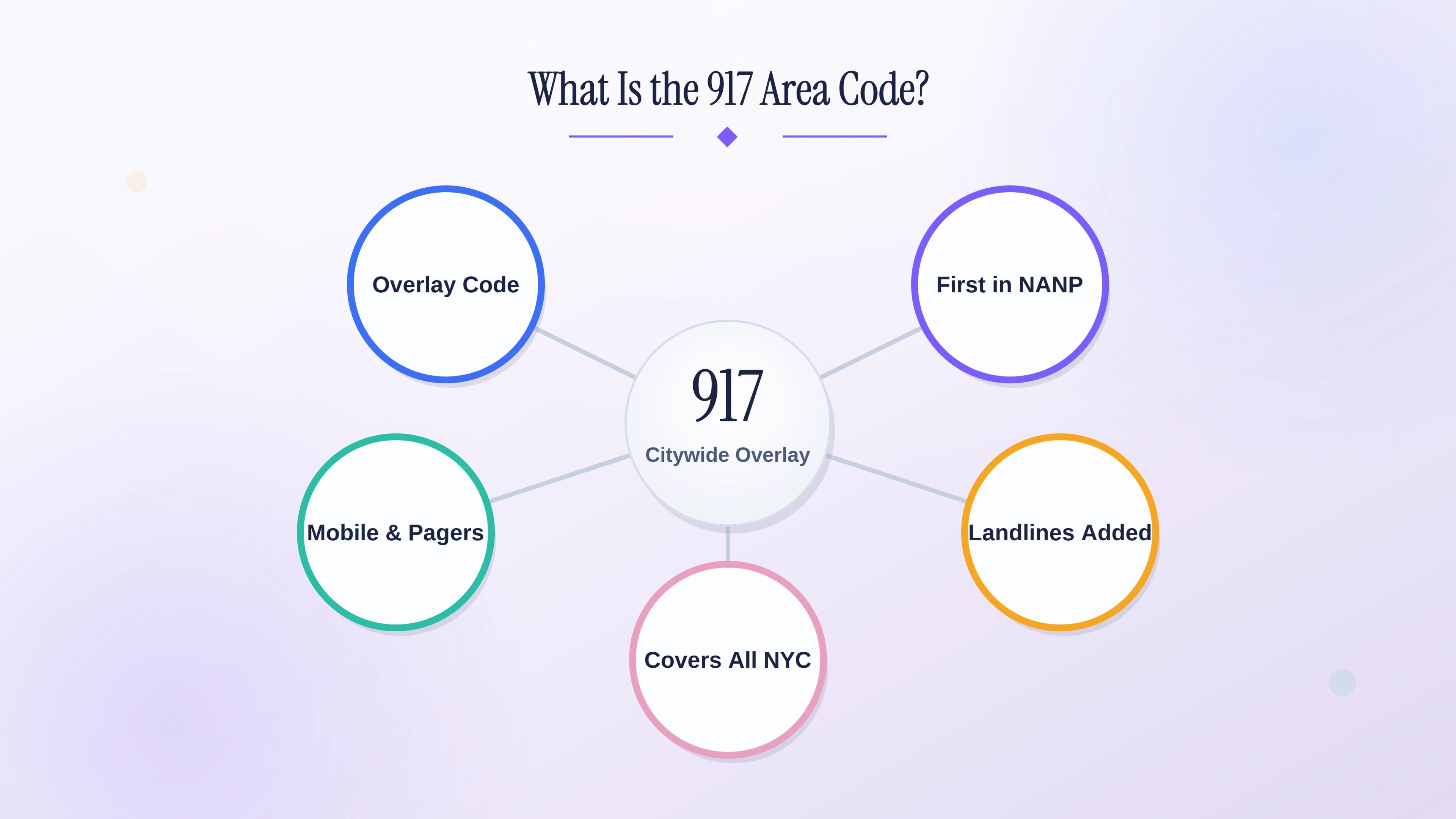 Overview of the 917 area code as New York City's citywide overlay — the first overlay in the North American Numbering Plan.