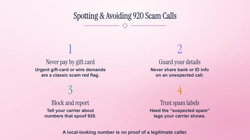 Spotting and avoiding 920 scam calls — verify callers, never share data unsolicited, and use call-screening tools.