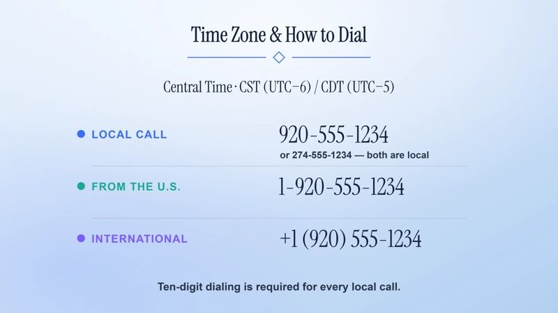 Time zone and dialing format for the 920 area code — Central Time, with 10-digit dialing required across the 920/274 overlay.