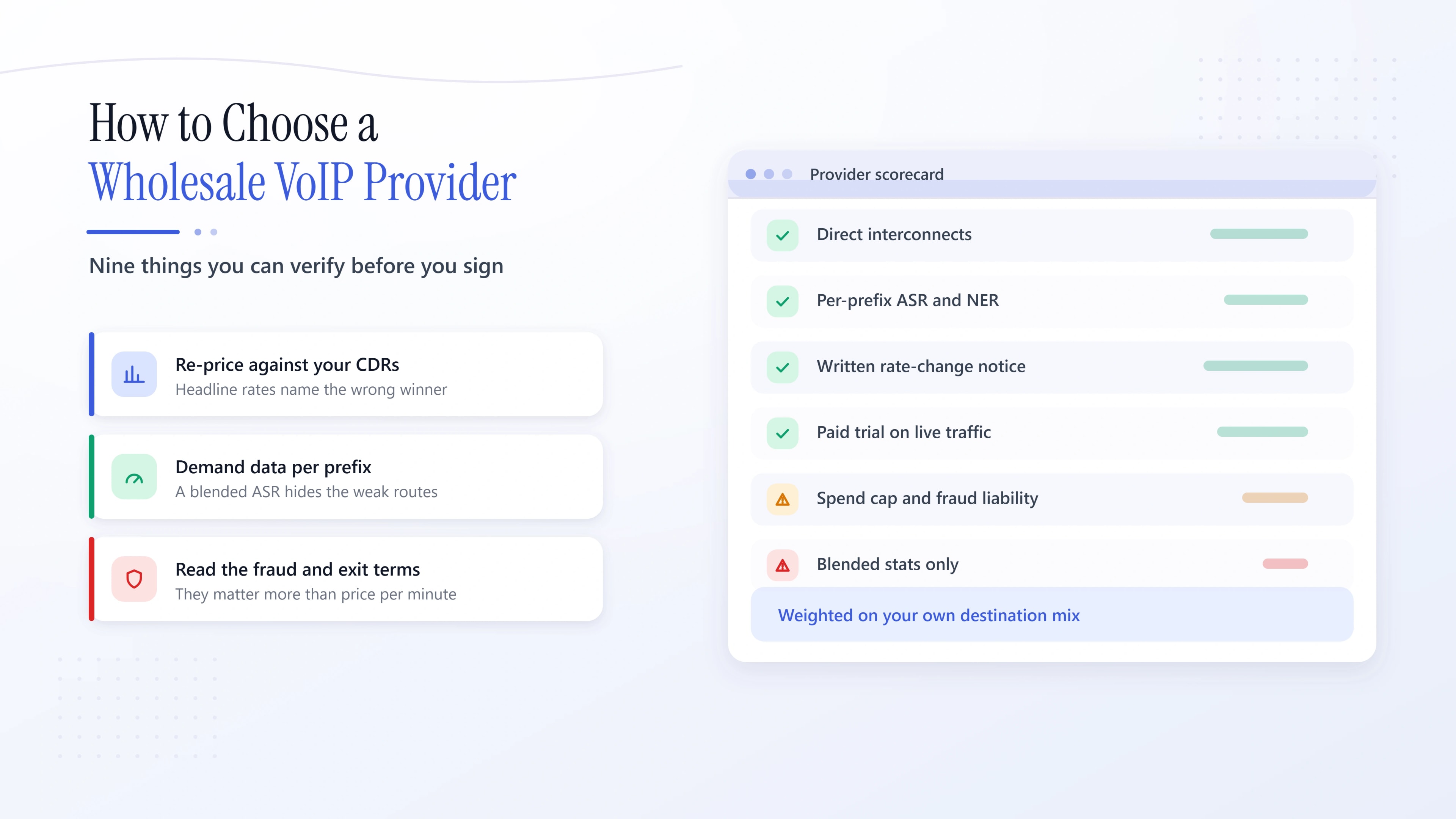 A provider scorecard weighing interconnects, per-prefix quality data, trial terms and fraud liability.